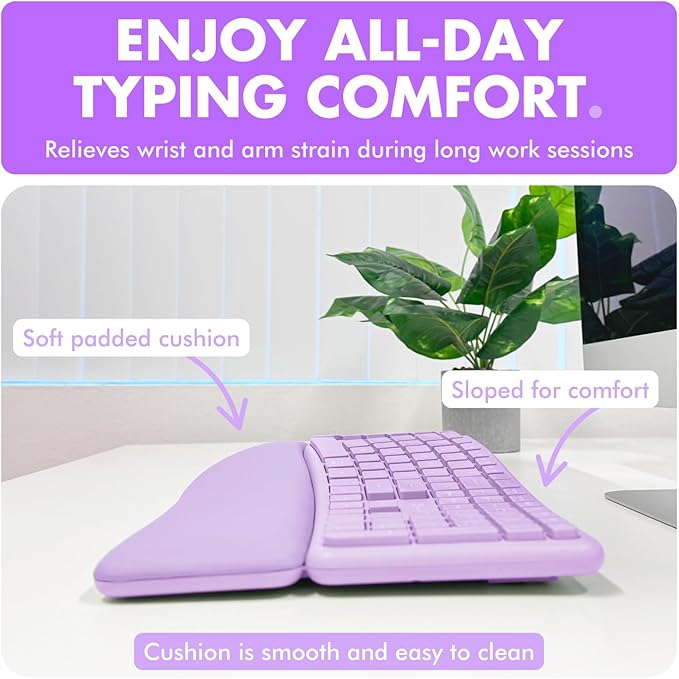 X9 Purple Ergonomic Keyboard Mouse Wireless Combo - Type Comfortably Longer - 2.4G/Bluetooth Split Keyboard, Multi-Device, Soft Wrist Rest, Rechargeable, Silent Ergo Keys - Laptop, PC, Mac,iOS,Android