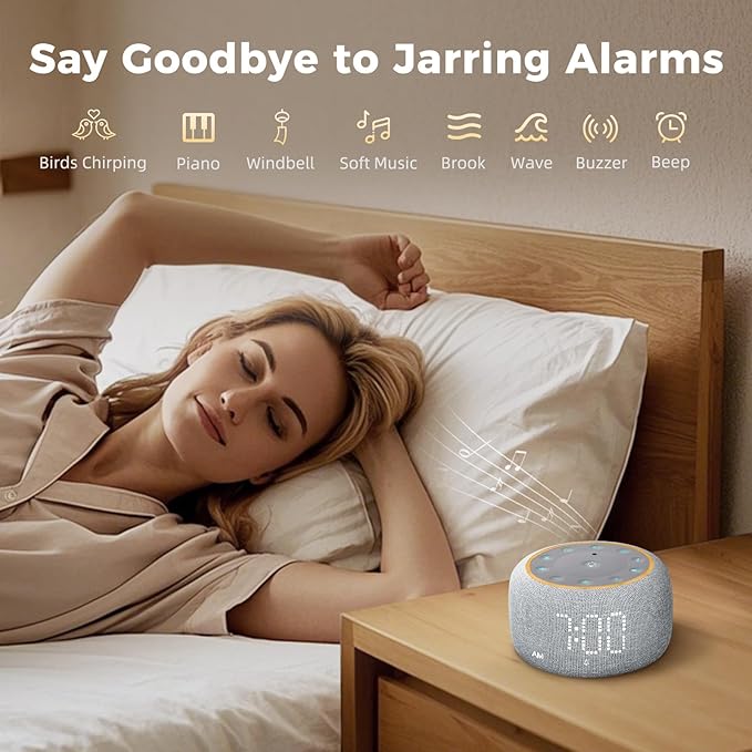 White Noise Machine Alarm Clock: Auto-Dimmable Clock for Bedrooms - 5W Stereo Bluetooth Speaker - Sound Machine with 24 Sleep Sounds for Adults Kids