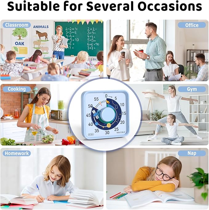 Secura 7.5-Inch Satellite Pattern Visual Timer for Kids, 60-Minute Countdown Timer for Classroom or Kitchen, Durable Mechanical Timer Clock with Magnetic Backing (Light Blue)