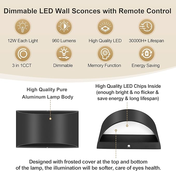 TRLIFE Modern LED Wall Sconces, Remote Control Dimmable and Adjustable Color Temperature 3000K~6000K Aluminum 12W Hardwired 120V AC Dimmable Wall Mounted Light for Bedroom Living Room(Black, 2 Pack)