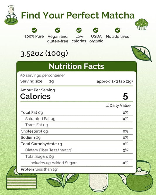 Certified Organic Matcha Green Tea Powder, Culinary Grade, Perfect for Smoothies, Desserts and Baking, 3.53OZ