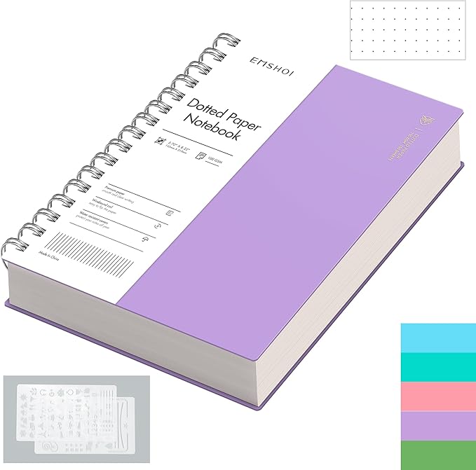 EMSHOI A5 Spiral Notebook Bullet Dotted journal, Small 5.7" X 8.22", 300 Pages/150 Sheets, 100gsm Dot Grid Paper, Waterproof Hardcover, for Office School Women Men Work Writing Notes-Purple