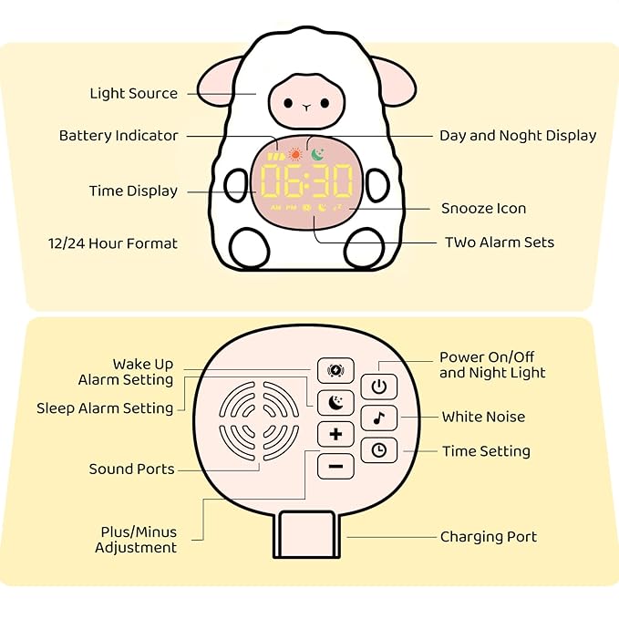Sheep Alarm Clock with Night Light for Kids with Sleep Training and Sound Machine, Rechargeable Silicone Lamp OK to Wake Clock，Cute Animal Tabletop Lamp, Perfect Sleep Companion for Boys Girls, Pink