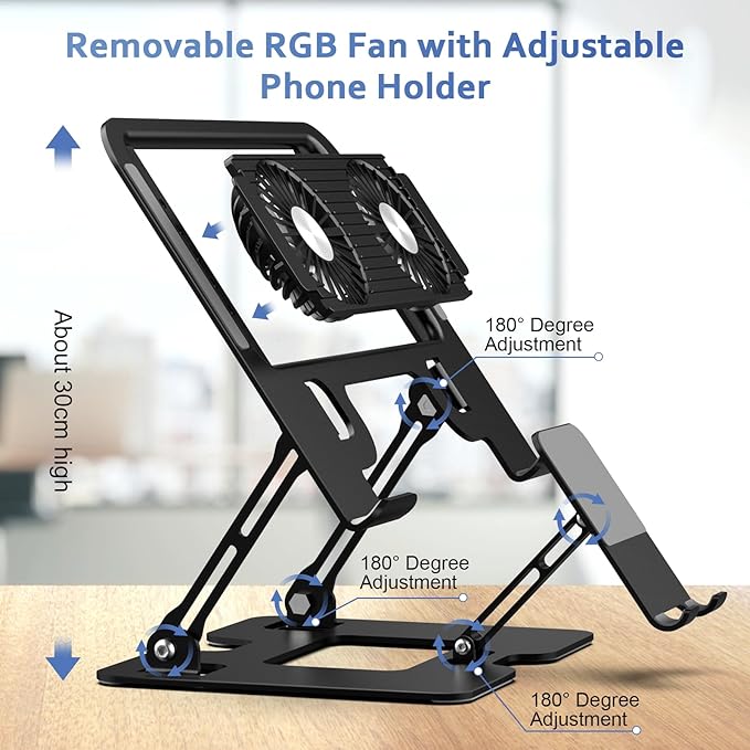 Laptop Stand with Fan,Laptop Cooling Stand with 2 Detachable Quiet Fans & Phone Holder, Adjustable Height & Angle,Laptop Cooling Pad for 10-18" Laptops, MacBook Pro,Gaming Laptops, Tablets