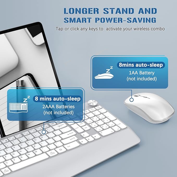 JOYACCESS Ergonomic Wireless Keyboard and Mouse, Full Size Wireless Keyboard Designed with Phone Holder and Wrist Rest,Volume Roller for Computer Mac PC Laptop-Silver