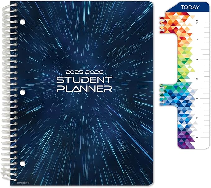 Global Datebooks Dated Middle School or High School Student Planner for Academic Year 2025-2026 Includes Ruler/Bookmark and Planning Stickers (Block Style - 8.5"x11" - Galaxy)