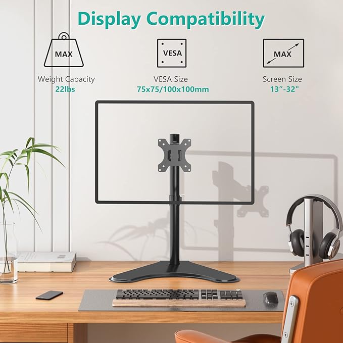WALI Single Monitor Stand for 13-32 Inch Computer Screens, Freestanding Single Monitors Arm Desk Mount, Universal VESA Monitor Mount 75x75/100x100mm, Adjustable Height and Angle, (MF001), Black
