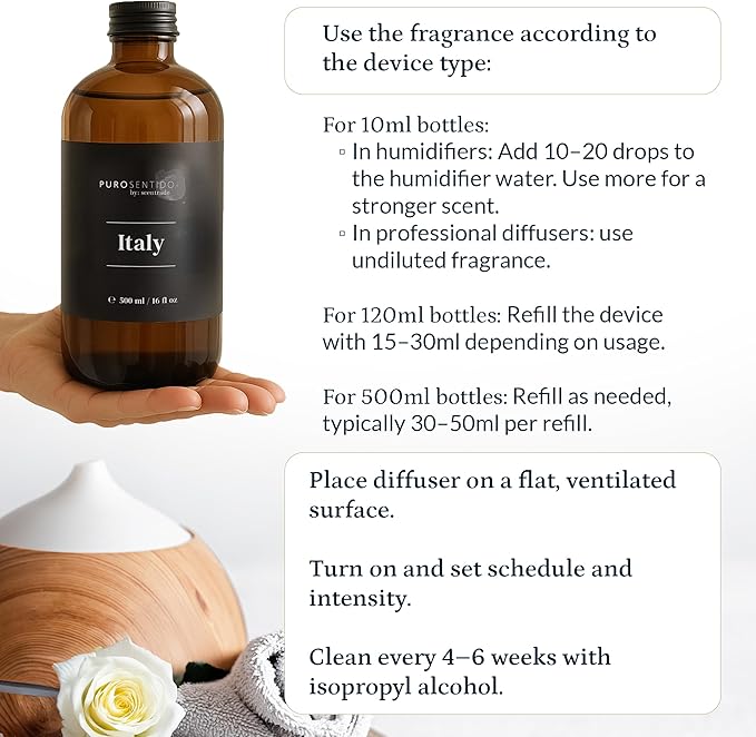 PuroSentido Italy Aroma Oil (500 ml) - Luxury Fragrance Oil for Diffusers and Humidifiers, Sicilian Lemon, White Rose & Musk Home, Hotel & Spa Scent