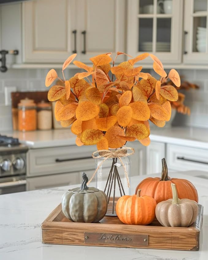 Fall Faux Eucalyptus Stems in Glass Vase 14.2" 6pcs Artificial Autumn Eucalyptus Branches with Vase Fall Home Table Decor Fake Fall Plants Stems for Farmhouse Kitchen Bathroom Decorations