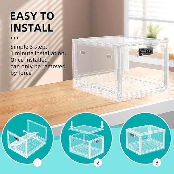HOLYHY Medicine Lock Box for Safe Medication Storage, Large Refrigerator Lockable Storage Box for Kitchen Food Safe, Phone Jail iPad Tablet Lock Boxes for Kids Home/Office (Clear)
