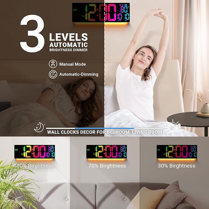 16.5" Large Digital Wall Clock: 11 RGB Colors Wall Mount Decor Clock for Living Room Bedroom Office Classroom, House Warming Gifts New Home Decor, Birthday Gifts for Men Women Brown