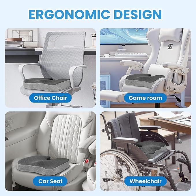 TushGuard Office/Car Seat Cushion, Non-Slip Sciatica & Back Coccyx Tailbone Pain Relief Chair Pad, Memory Foam Butt Pillow for Computer Desk, Wheelchair, Driving (Black&Grey)