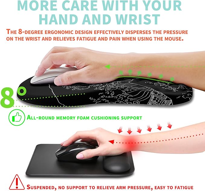 Ergonomic Mouse Pad Wrist Support with Memory Foam Massage Bulge, Carpal Tunnel Pain Relief Mousepad Wrist Rest for Mouse(12x8 inch,Sea Wave)