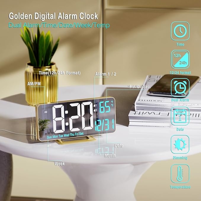 KOSUMOSU Dual Alarm Clock 6.7in Gold Desk Clock with Dimming, 12/24h, Seconds, Date, Day of Week, Temp, Digital LED Clock for Bedroom, Digital Calendar Clocks for Living Room Gold Desk Accessories