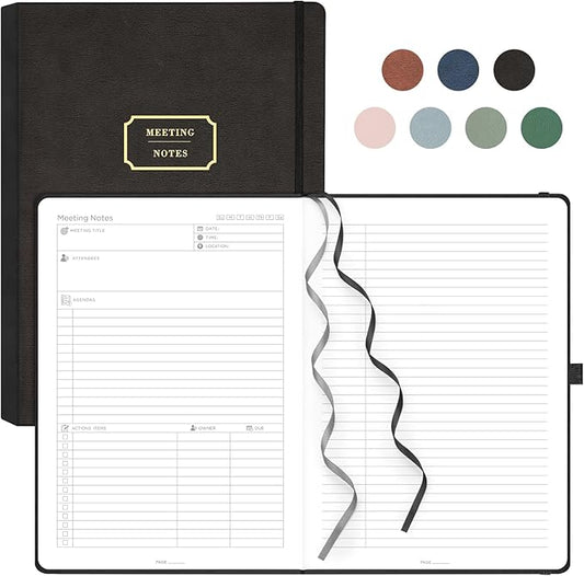 EMSHOI Meeting Notebook for Work with Action Items - 240 Pages, A4 Project Planner, PU Leather Meeting Agenda/Minutes Journal Organizer for Women Men, Note Taking, Office Business, 8.5"x11", Black