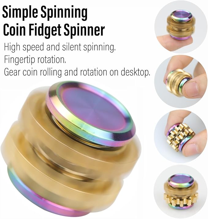 FREELOVE Gear Metal Fidget Spinner Toys for Adults, Small Mini Tiny Pockget Figette, Bike Chain, Copper Brass Hands Gyro, Quiet Silent Cool Cube for Anxiety Men (2 Gears Stacked, Rainbow-Brass)