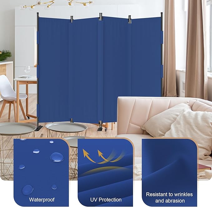 Room Divider, 4 Panel Upgraded Folding Privacy Screen, 88” Highly Secretive Separation with 3 Metal Feet, Partition Screen, Lightweight Freestanding Wall Divider Bedroom (Blue)