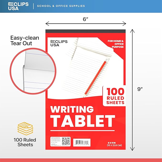 E-CLIPS USA Notepads, Ruled Writing Tablet, Note Pads 6 x 9, Small Notepads, Memo Pad, White, Chipboard Back, Writing Pad, Office Supplies, 100 Sheets Per Pad (12 Pack)