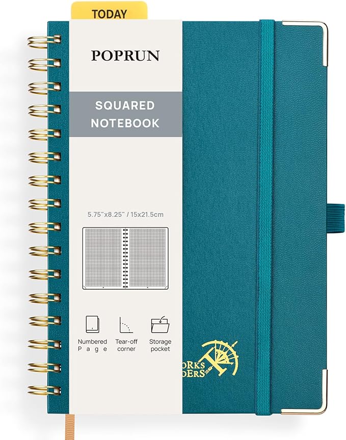 POPRUN Graph Paper Spiral Journal Notebook, [A5-5.75'' x 8.25''] - 120 GSM Thick Paper, 141 Numbered Pages, Grid Notebooks for Men & Women with Pocket, Index Tabs, 8 Perforated Sheets,Pacific Green
