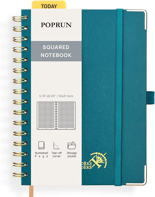 POPRUN Graph Paper Spiral Journal Notebook, [A5-5.75'' x 8.25''] - 120 GSM Thick Paper, 141 Numbered Pages, Grid Notebooks for Men & Women with Pocket, Index Tabs, 8 Perforated Sheets,Pacific Green