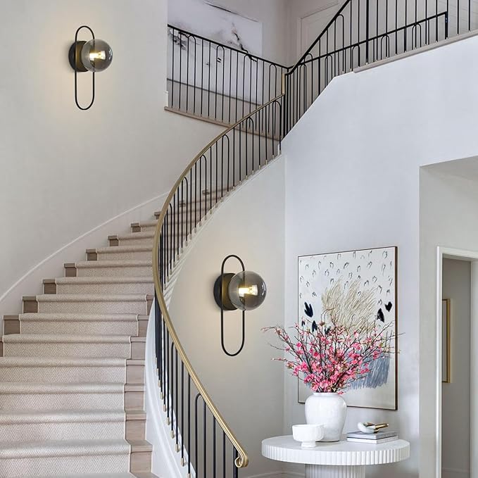 Black Globe Wall Sconce Mid Century Modern Bathroom Vanity Light Fixture Small Black and Glass Wall Mounted Light Vintage Hallway Sconces Wall Lighting (2 Pack)