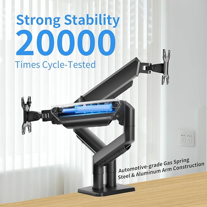 Dual Monitor Stand for 13 to 32 inch Screens, Gas Spring Monitor Arm with Swivel, Tilt, Rotation, Height Adjustable, Desk Mount with C-Clamp and Grommet Base, Each Arm Holds 4.4 to 19.8lbs Screen