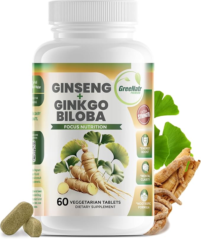 Ginko Biloba & Panax Ginseng Supplement - Red Ginseng Brain Supplement for Memory and Focus - Ginkgo Biloba Supplements for Good Vision, Immune System and Improved Blood Flow - 60 Tablets
