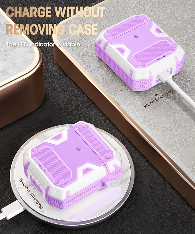Koaichi Compatible with AirPods Case, Full-Body Rugged Hard Shell Protective Case Cover with Keychain Designed for AirPods 1st & 2nd, Purple/White