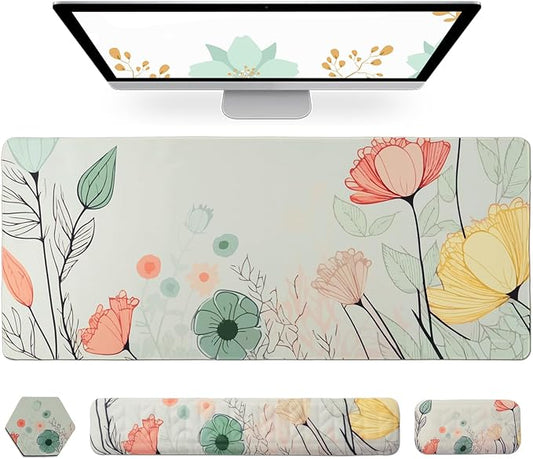 Petmolico Mouse Pad Set Wrist Rest with Keyboard Desk Pad,Mouse Pad with Wrist Rest,Typing Wrist Pad and Cup Coasters,Ergonomic Design for Typing Pain Relief[Light Brown,Big Flower]