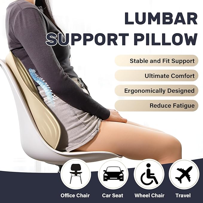 Coverado Lumbar Support Pillow for Car, Ergonomic Memory Foam Back Pillow for Office Chair, Back Cushion for Back Pain Relief, PU Leather Car Lumbar Support for Driving Seat - Beige