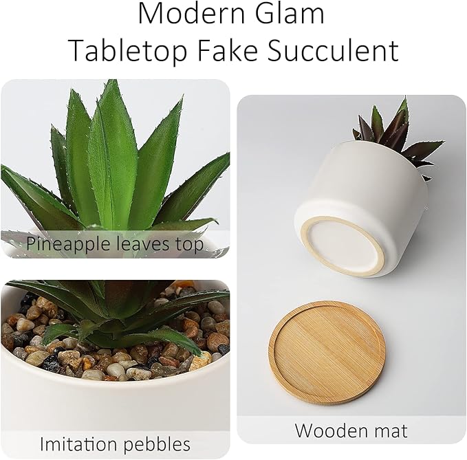 Hopewood Artificial Succulents in Pot, Fake Potted Pineapple Succulents Plants with Ceramic Pot and Wooden Tray, Potted Artificial Plants for Home, Office Desk and Bathroom Decor 6.8inch×4.3inch