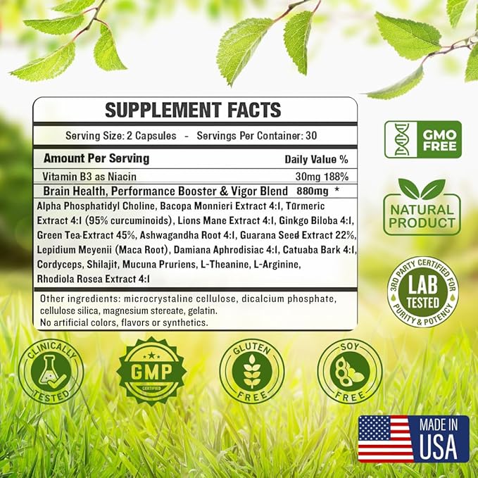 Brain Supplements for Memory & Focus - Nootropic Brain Health - Cognitive Performance, Clarity, Energy, Mental Vigor, Shilajit - Alpha Choline, Lion's Mane, Bacopa, 18 Premium Ingredients