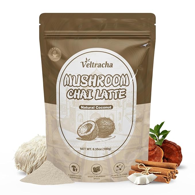 Veltracha Mushroom Chai Tea, Instant Chai Tea Powder with 6 Adaptogenic Mushrooms, Spiced Chai Latte for Energy & Focus Support, 6.35 oz 20 Servings (Natural Coconut)
