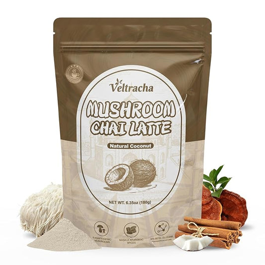 Veltracha Mushroom Chai Tea, Instant Chai Tea Powder with 6 Adaptogenic Mushrooms, Spiced Chai Latte for Energy & Focus Support, 6.35 oz 20 Servings (Natural Coconut)