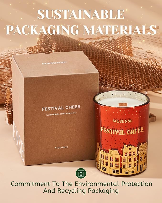 M&SENSE Festival Cheer Wooden Wick 18oz Almond & Apple Scented Clean Natural Soy Wax Candle, 100 Hours Burn Aromatherapy Large Candle for Housewarming Bathroom Bedroom