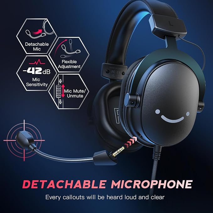 FIFINE PC Gaming Headset, USB Headset with 7.1 Surround Sound, Detachable Microphone, Control Box, 3.5mm Headphones Jack, Over-Ear Wired Headphones for PS5/Xbox/Switch, Black-AmpliGame H9