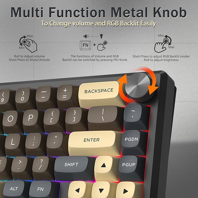 Redragon 60% Wireless Mechanical Gaming Keyboard, Full Aluminum Shell, Bluetooth/2.4GHz/USB-C, Hot Swappable Pre-lubed Linear Switches, Gasket Structure, Creamy Sound, Metal Knob, RGB Light