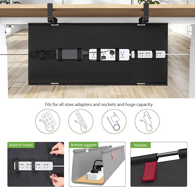 KEEGH Large 36" Under Desk Cable Management Tray - Under Desk Cord Organizer - Clamp/Screw Mount - Support Upto 70lbs - Fabric Wire Management - Gaming/PC Cable Raceways - Cord Hiders for Office/Home