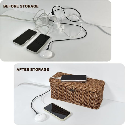 Handmade Cable Management Box – Stylish & Functional Cable Organizer with 2 Open Slots for Home & Office, TV Wires Computer Router USB Hub & Power Strip Rattan Cord Hider Box (Brown)