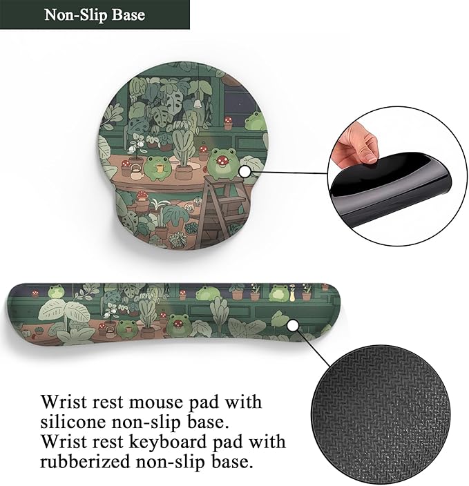 Cute Frog Mouse Pad with Wrist Rest Kawaii Green Decor Pain Relief Mat, Ergonomic Mouse Pad for Desk Computer Keyboard Laptop, Desk Decor Office Accessories for Girl Wrist Rest for Computer Keyboard.