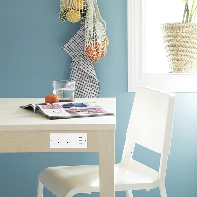 Jgstkcity 20W USB C Recessed Power Strip,Surge Protector Waterproof,Furniture Desk Power Outlet,2 Outlets and and USB C Charging,Suitable for Side Table,Flat Plug,6ft Cable White