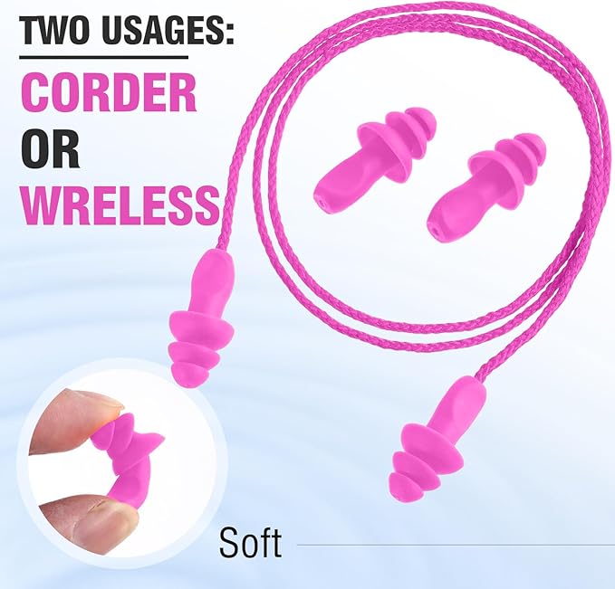 Tondiamo 200 Pairs Ear Plugs Reusable Silicone Earplugs with Cord Sleeping Individually Wrapped Hearing Protection Noise Cancelling Earplugs for Work Construction Shooting Sports (Pink)