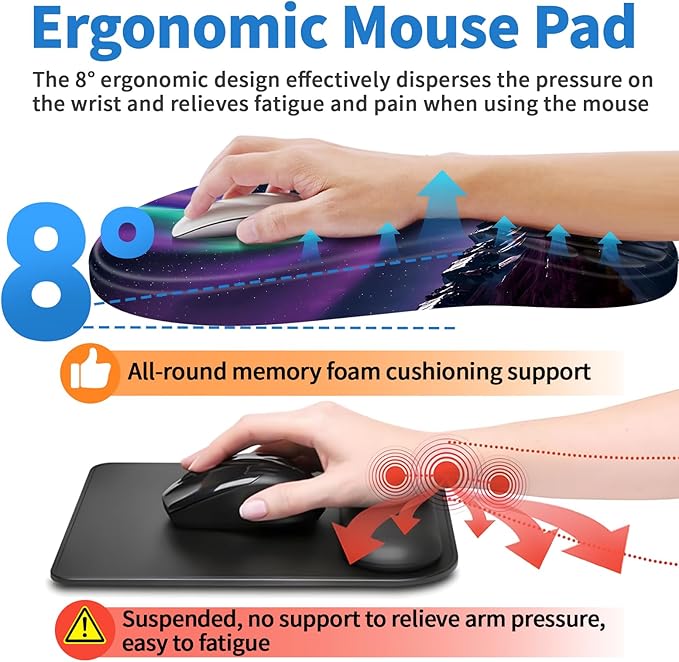Ergonomic Mouse Pad with Wrist Rest Support, Mousepad with Comfortable Memory Foam Wrist Rest and Non-Slip PU Base for Pain Relief, Computer, Laptop, Office, Home (Aurora)