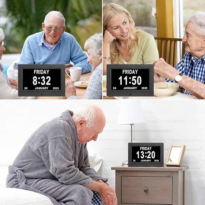 Black Clock with Day and Date for Elderly Dementia Patients-Large Number Digital Clocks for Seniors-Digital Calendar Day Clock for Seniors Large with 12 Alarms, Auto Dimming