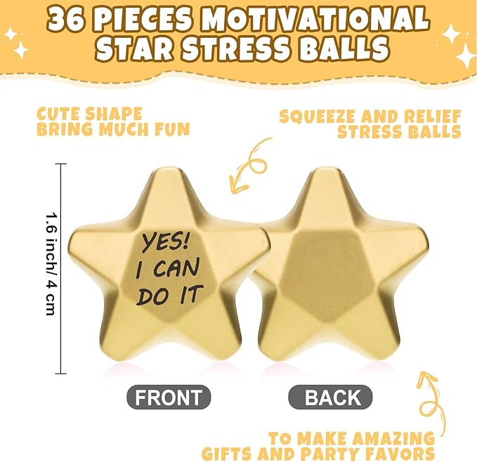 Deekin 36 Pieces Star Stress Balls Mini Foam Ball Stress Relief Toys for Teens and Adults Student Bag Fillers, Gold(Motivational,1.6 Inch)