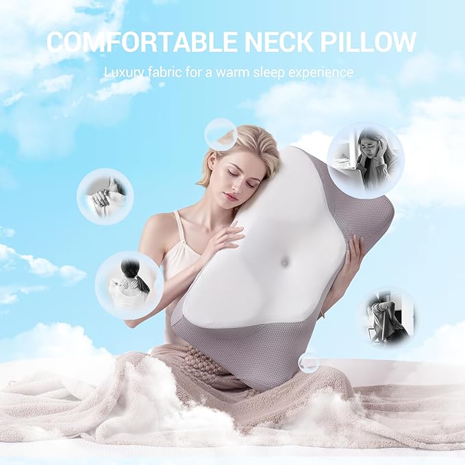 Supportive Cooling Pillow for Comfortable nap time Sleep Quality; an Ergonomic Memory Foam Pillow for Shoulder and Neck Pain Relief, Perfect for Side Sleepers(White Grey)