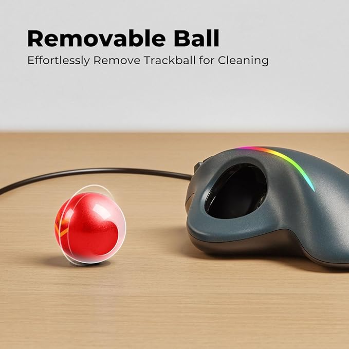 Wired Trackball Mouse with RGB Lighting, Ergonomic Thumb Control to Reduce Muscle Strain, 5 Adjustable DPI, Dual USB-C & USB-A Connectivity, Compatible with PC, Laptop, Mac, Windows-Red