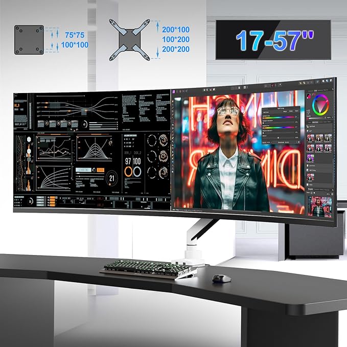 17-57 inch Ultrawide Monitor Arm - PUTORSEN, up to 59.4 lbs, Heavy Duty Monitor Arm for Flat/Curved Display and TV with VESA 75 * 75-200 * 200, with Steel Reinforcement Plate, White