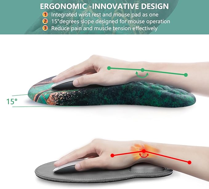 Ergonomic Mouse Pad with Wrist Rest, Comfortable Laptop Mouse Pad, Pain Relief Non-Slip PU Base Green Gold