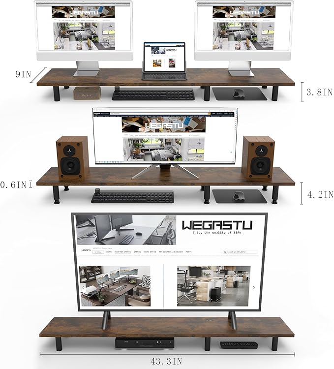 Large Dual Monitor Stand Riser 43.3IN，Vintage Home Office Storage For Desk Accessories，Solid Wod Desk With Adjustable Legs For computer/PC/Laptop/Printer/Container/dressing table